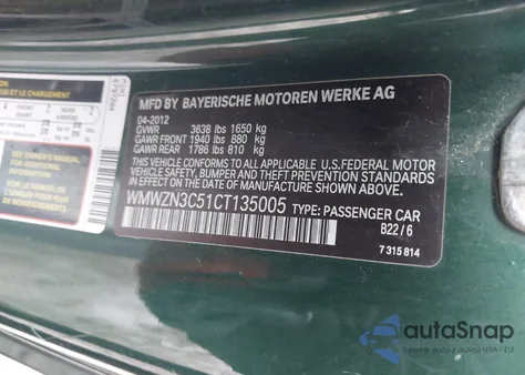 2012 Mini Cooper from USA, damaged, VIN WMWZN3C51CT135005